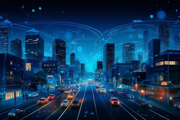 Futuristic Urban Landscape Smart City on a Dark Blue Background Generative AI