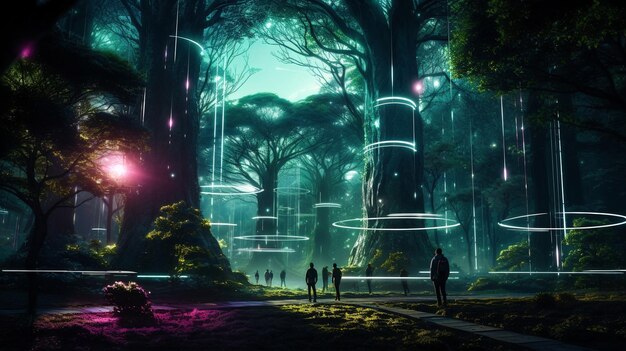 Foto parco urbano futuristico con alberi bioluminescenti e dati in tempo reale