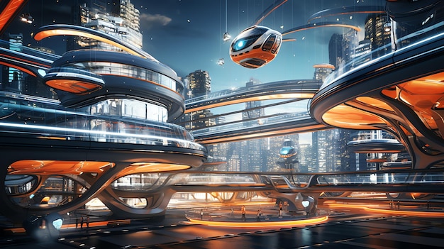 futuristic urban sky transport hub with flying vehicles traffic control systems and skyscrapers