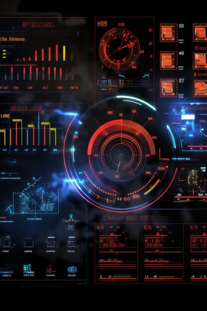 Futuristic user interface dashboard screen with various graphs and readouts