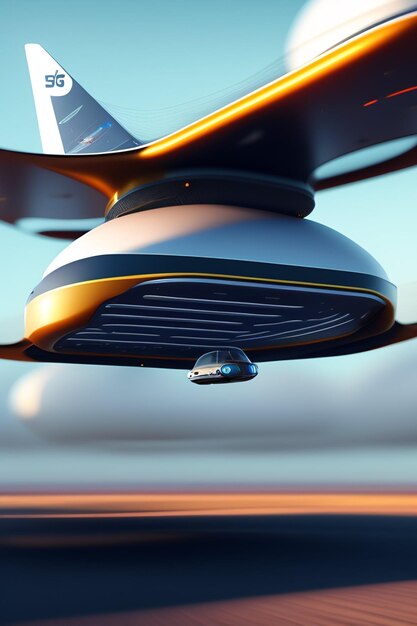 A futuristic vehicle flying in the sky