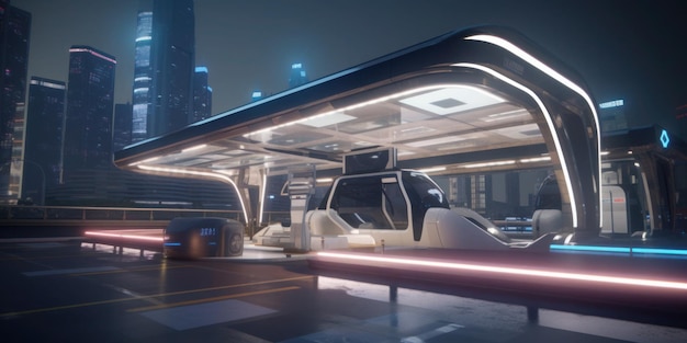 A futuristic vehicle is being built in a cityscape.