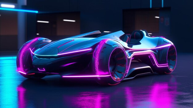 A futuristic vehicle in neon lights