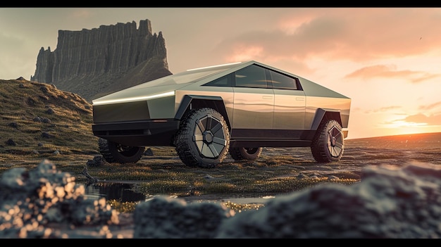 Futuristic Vehicle Parked on Rocky Hillside