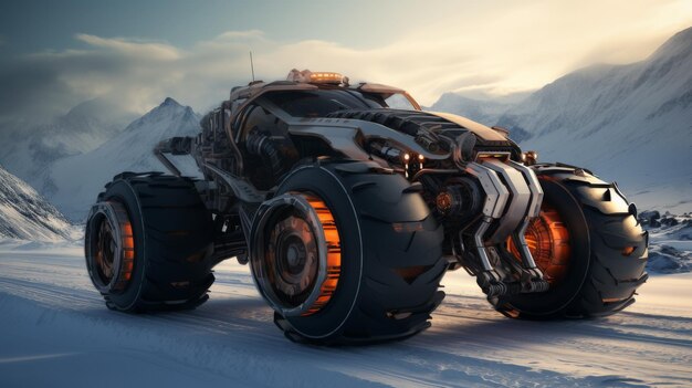 Futuristic Vehicle on Snowy Road