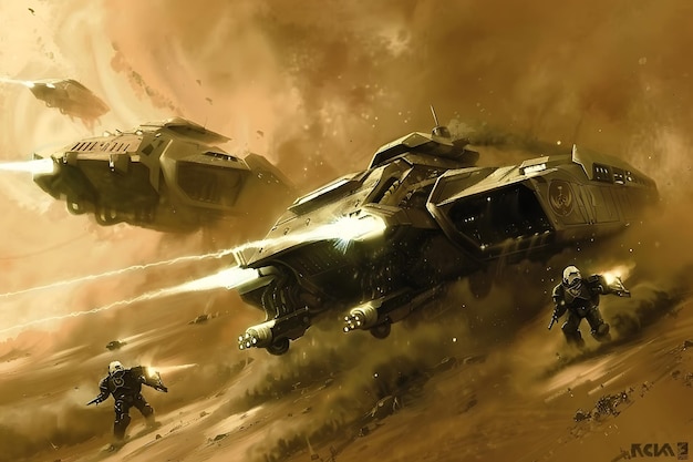 futuristic vehicles in a desert landscape