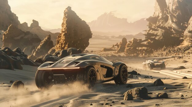 Futuristic vehicles speeding through an alien desert evoking adventure and highspeed pursuit