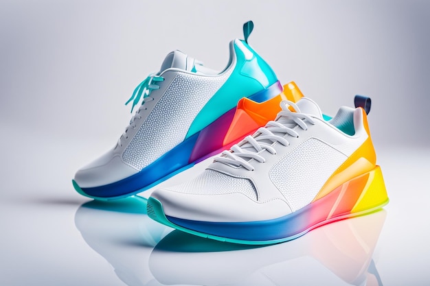 Futuristic vibrant colored sneakers white background