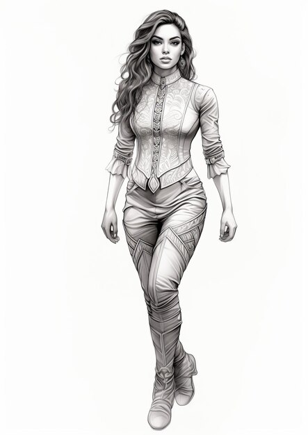 Photo futuristic victorian comic book woman detailed black and white drawing