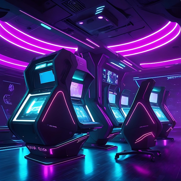 Futuristic video game equipment illuminated in nightclub