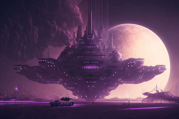 Futuristic virtual future world with giant space ship in purple tint