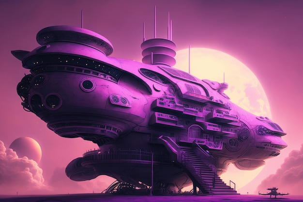 Futuristic virtual future world with giant space ship in purple tint
