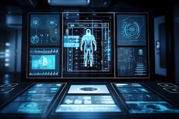 Футуристический виртуальный графический сенсорный пользовательский интерфейс, показывающий человеческое тело, исцеляет рентгеновские технологии, современные медицинские исследования и разработки для будущего человеческой жизни.