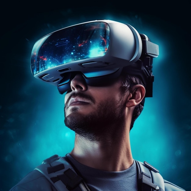 Futuristic virtual reality concept futuristic man in VR glasses with 3d illustration