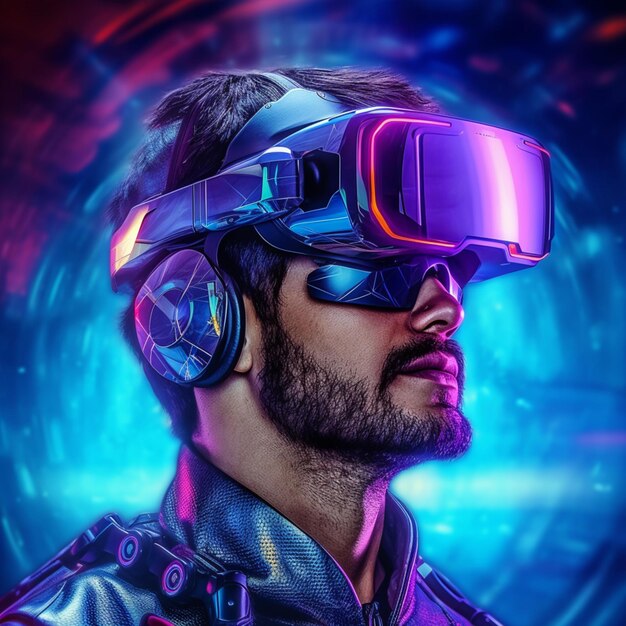 Futuristic virtual reality concept futuristic man in vr glasses with 3d illustration