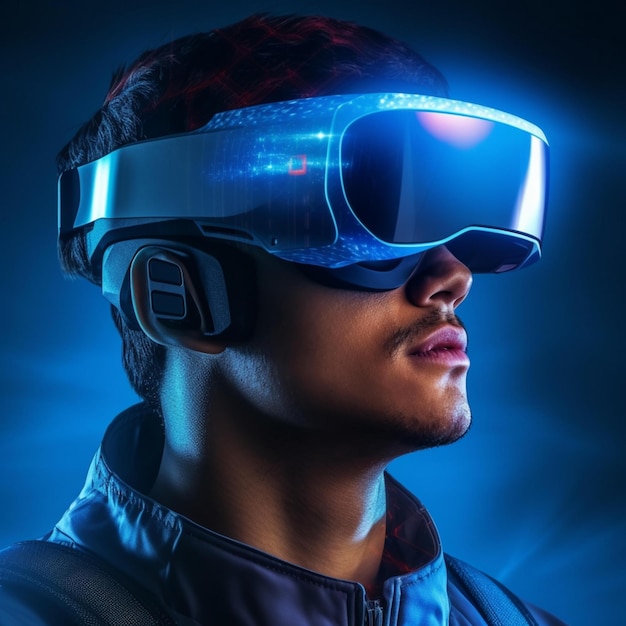 Futuristic virtual reality concept futuristic man in VR glasses with 3d illustration