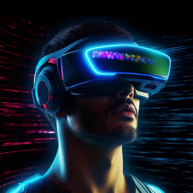 Futuristic virtual reality concept futuristic man in VR glasses with 3d illustration