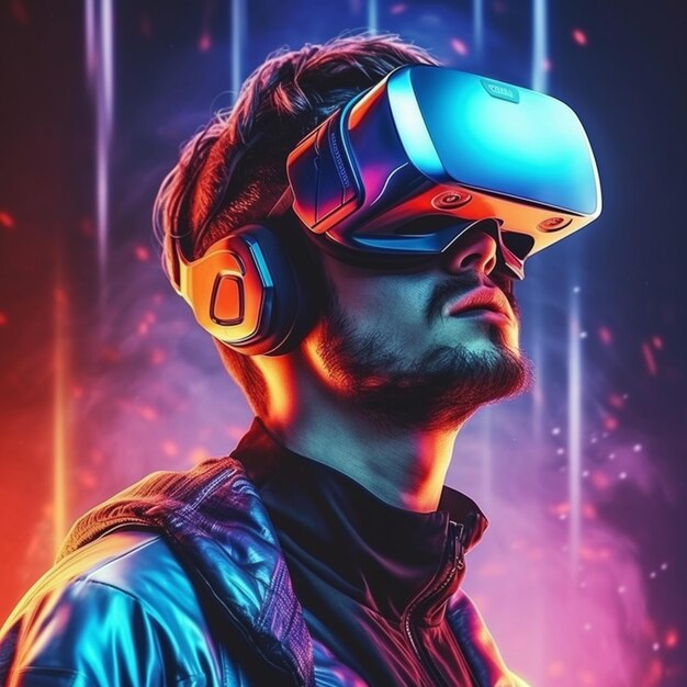 Futuristic virtual reality concept futuristic man in VR glasses with 3d illustration