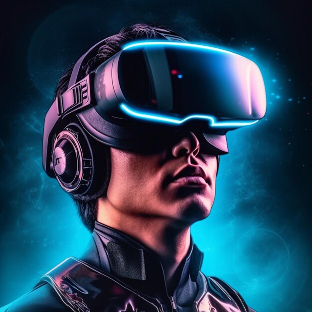 Futuristic virtual reality concept futuristic man in VR glasses with 3d illustration