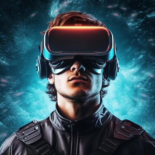 Futuristic virtual reality concept futuristic man in VR glasses with 3d illustration