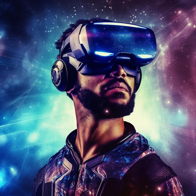 Futuristic virtual reality concept futuristic man in VR glasses with 3d illustration