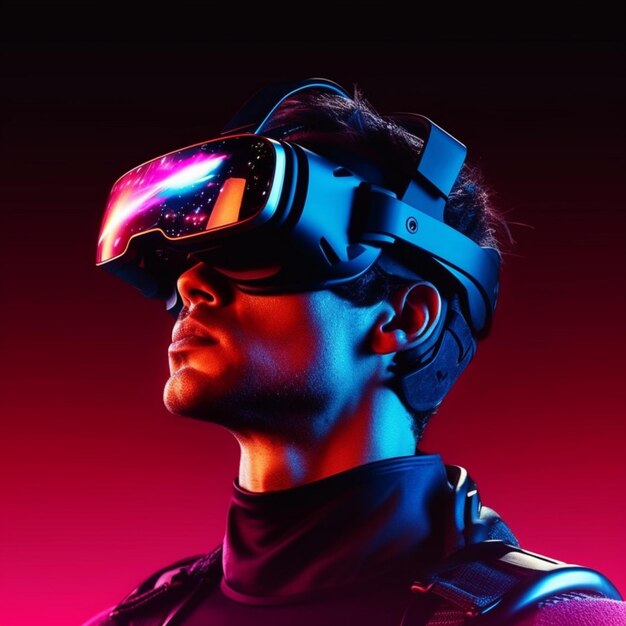 Futuristic virtual reality concept futuristic man in VR glasses with 3d illustration