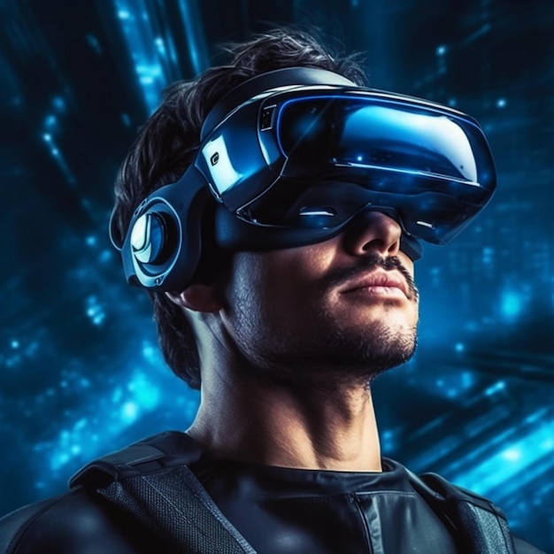 Futuristic virtual reality concept futuristic man in VR glasses with 3d illustration