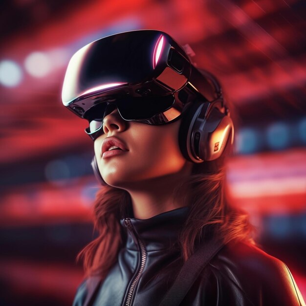 Futuristic virtual reality concept futuristic woman in VR glasses with 3d illustration