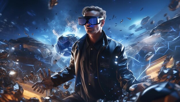 Futuristic virtual reality concept vr and ar technologies a man in glasses with 3d illustration