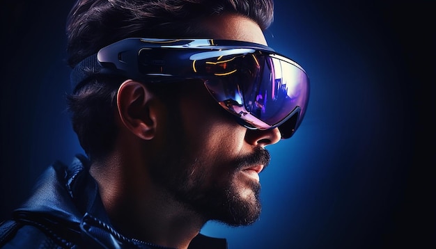 未来的な仮想現実の概念 VR と AR 技術 3 d イラストのメガネの男