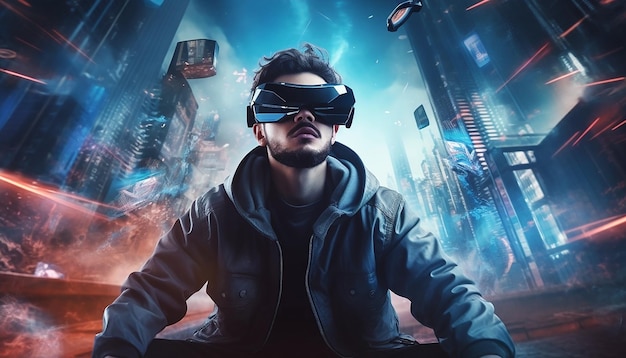 Futuristic virtual reality concept vr and ar technologies a man in glasses with 3d illustration