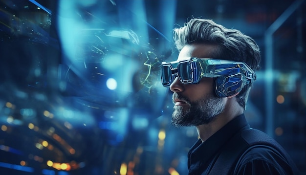 Futuristic virtual reality concept vr and ar technologies a man in glasses with 3d illustration