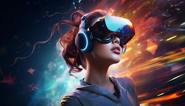 Futuristic virtual reality concept vr and ar technologies a woman in glasses with 3d illustration