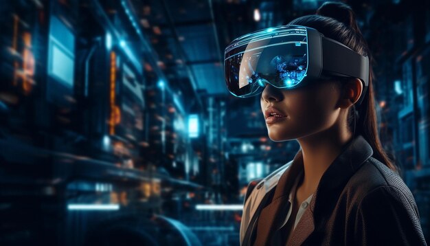 futuristic virtual reality concept vr and ar technologies a woman in glasses with 3d illustration