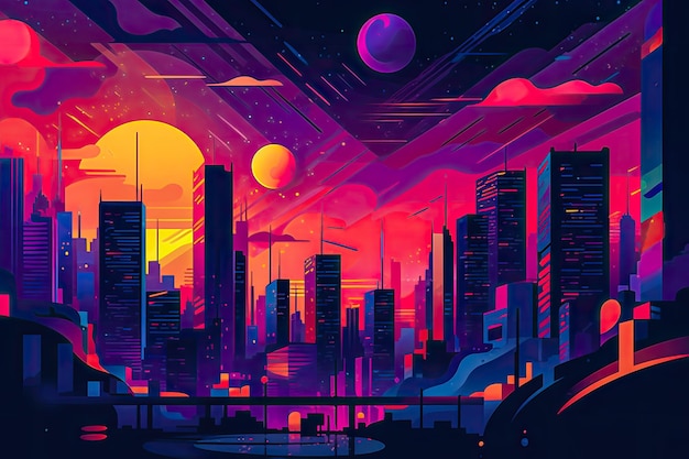 Futuristic vision of a city skyline with vibrant colors Abstract flat illustration Generative AI