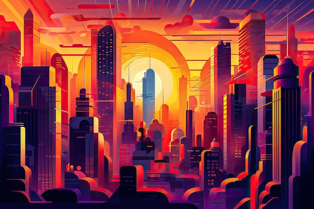 Futuristic vision of a city skyline with vibrant colors Abstract flat illustration Generative AI