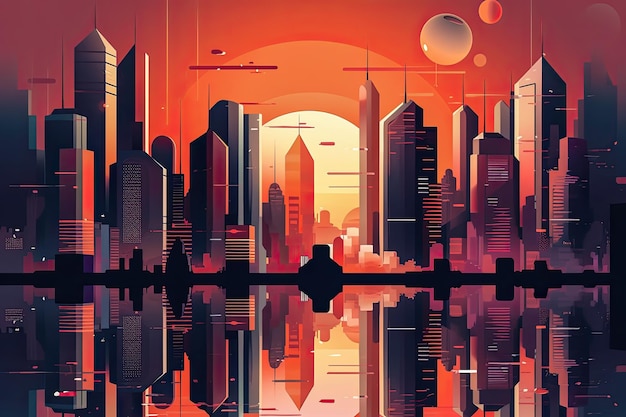 Foto visione futuristica di una città dai colori vivaci illustrazione piatta astratta scifi concept art del futuro