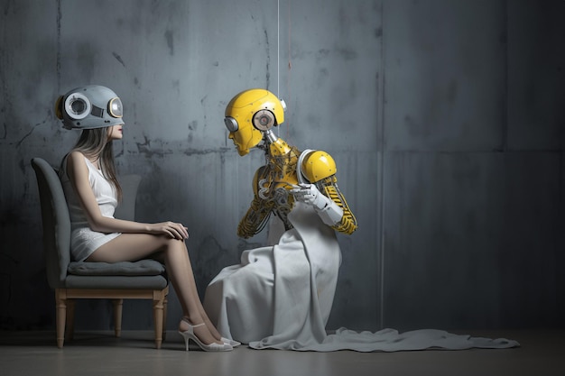 A futuristic vision Man and robot sitting in armchairs Concrete wall Girl with helmet Cooperation wi