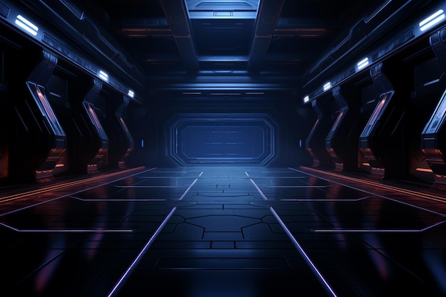 Futuristic void 3D illustration creates a modern sci fi backdrop in an empty dark room