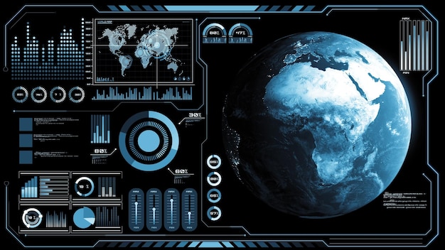 Futuristic VR headup display design with orbital global network 3D rendering