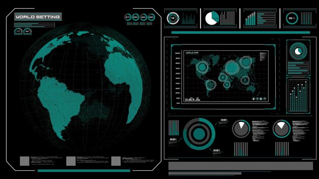 Futuristic VR headup display design with orbital global network 3D rendering