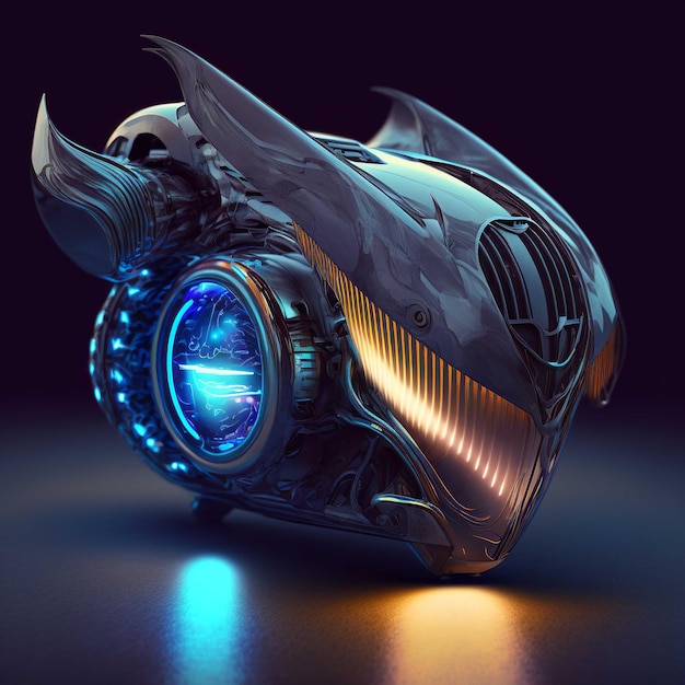 Futuristic warrior helmet shaped spaceship with a blue light