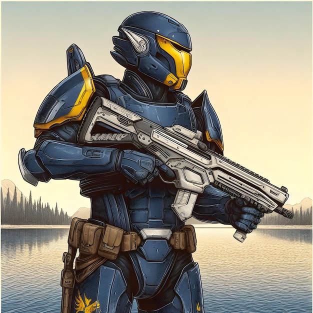 Futuristic warrior with a gun in the background of the river