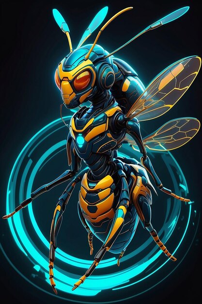 Photo futuristic wasp digital rendering with neonlike outlines