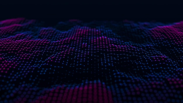 Futuristic wave The concept of big data Network connection Cybernetics Abstract dark background of blue and pink dots Visualization of the technological landscape 3d rendering