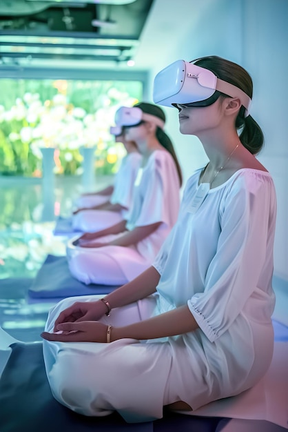 Futuristic Wellness Participants meditate in hightech relaxation pods surrounded by soothing lights