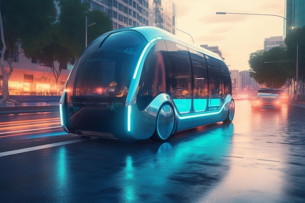 A futuristic white bus is driving on a street.