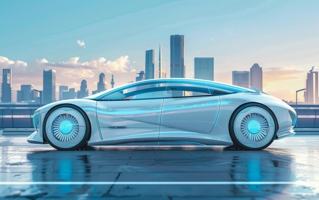 Photo a futuristic white car with blue illuminated wheels stands before a stylized cityscape reflecting off the glossy surface below