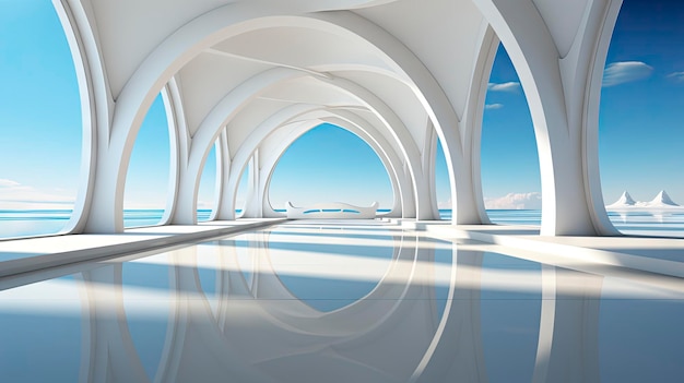 Photo futuristic white curved architecture with ocean view