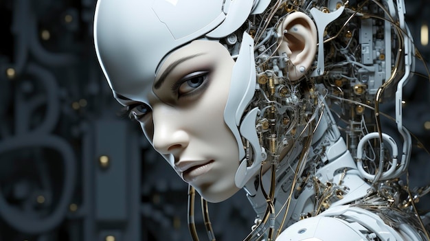 Футуристическая белая женщина-робот смотрит в камеру с блестящими глазами